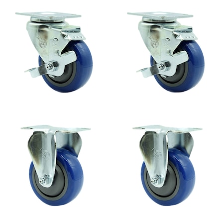 Service Caster 3.5 Inch Blue Polyurethane Swivel Top Plate Caster Set with 2 Brake 2 Rigid SCC SCC-20S3514-PPUB-BLUE-TLB-2-R3514-2